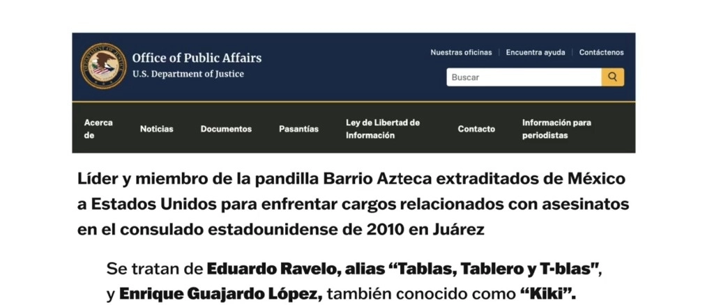 Comunicado de autoridades de Estados Unidos sobre la extradición de los dos delincuentes.