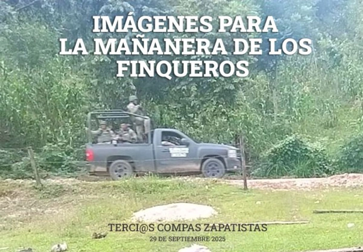 En un video de dos minutos y medio divulgado la noche de este lunes en su página oficial de Enlace Zapatista, con el título de 'Imágenes para la mañanera de los finqueros', se dieron a conocer primero tomas de camionetas de la policía municipal de Ocosingo patrullando cerca del predio. Foto

