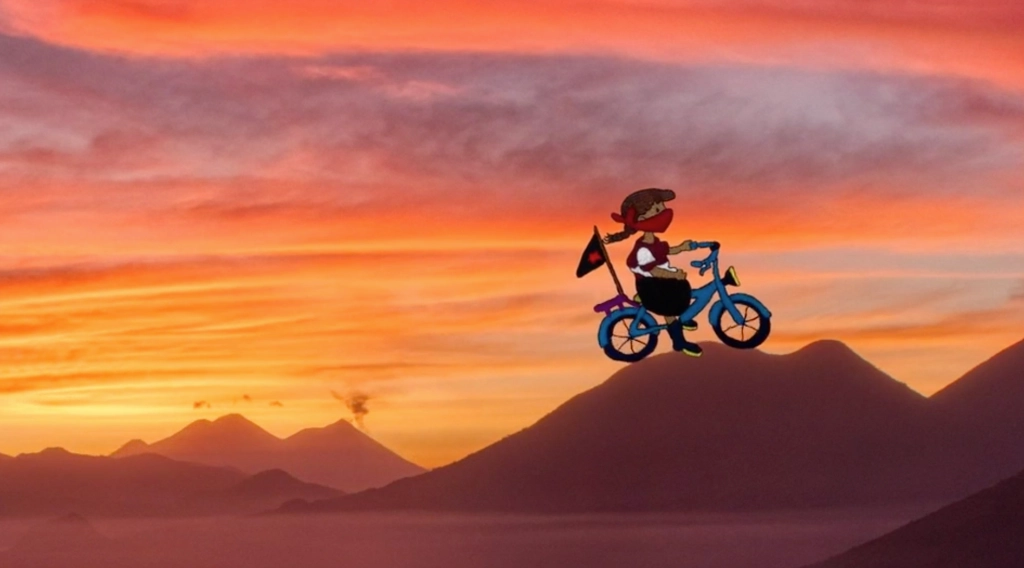  Entre las imágenes se observa a una mujer zapatista en caricatura, montando bicicleta, así como las manos de mujeres haciendo bordados tradicionales. Foto cortesía 