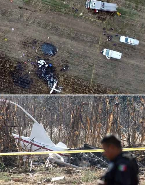  Vista áerea del sitio donde cayó el helicóptero en que viajaban en diciembre de 2018 la gobernadora de Puebla, Martha Érika Alonso, y su esposo, el senador Rafael Moreno Valle. Abajo, un agente federal revisa el área del siniestro. Foto Afp