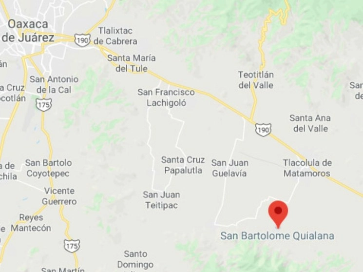 Victorino Gómez Martínez, alcalde de origen zapoteca de San Bartolomé Quialana, que pertenece al distrito de Tlacolula, en Oaxaca, falleció por Covid-19 la noche de ayer. Imagen tomada de Google Maps