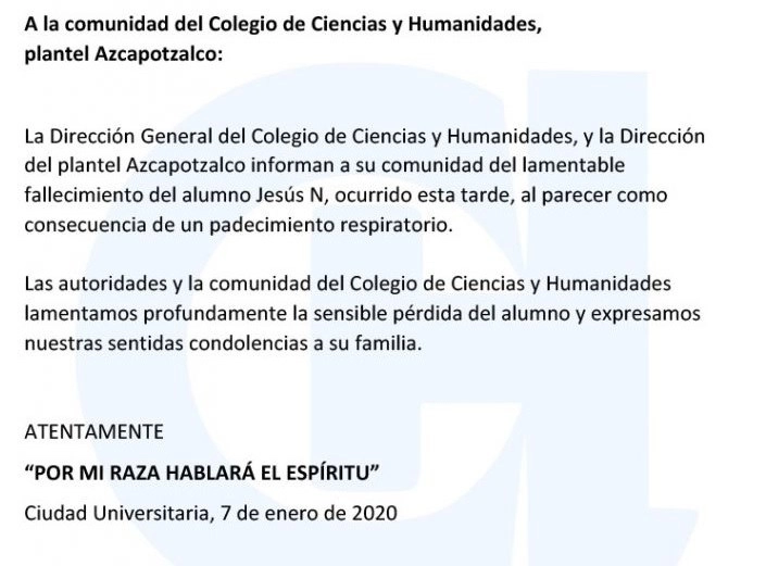 Comunicado del CCH Azcapotzalco sobre la muerte de un alumno dentro del plantel. Foto www.cchazc.unam.mx/
