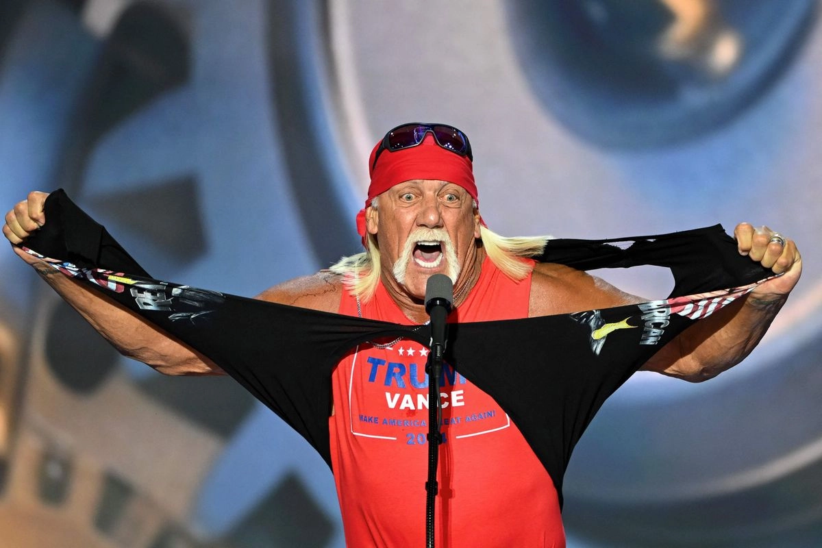 El luchador estadunidense, Hulk Hogan, durante la Convención Nacional Republicana de 2024 en el Fiserv Forum de Milwaukee, Wisconsin, el 18 de julio de 2024. Foto 