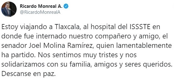 El senador de Morena Joel Molina Ramírez falleció este sábado a consecuencia del Covid-19. Imagen de Twitter @RicardoMonrealA
