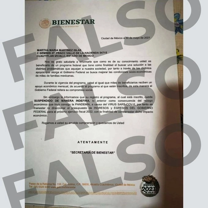 Documento que circula en el ciberespacio sobre cancelación de programas. Foto Cortesía Bienestar