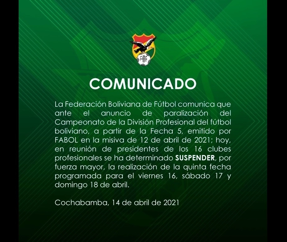 La Federación Boliviana de Futbol  anuncia la suspensión de la fecha 5 del torneo. Foto Tomada del Twitter @FBF_BO
