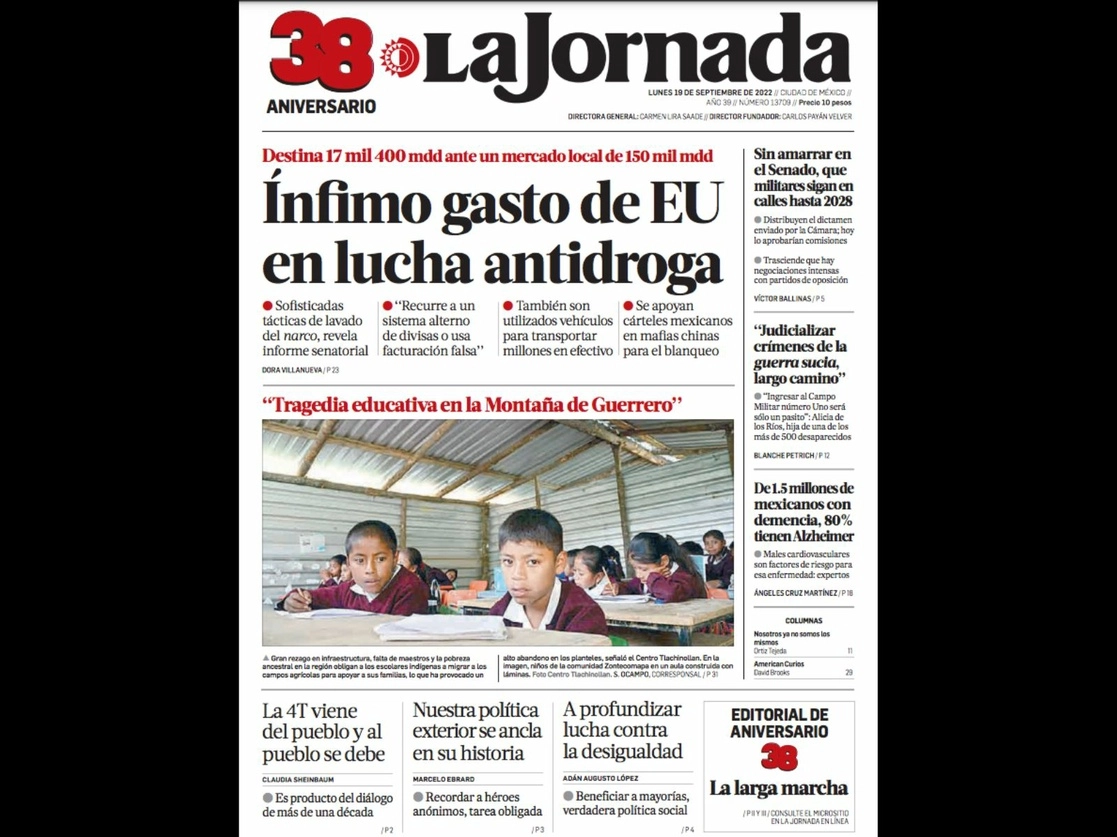 Portada de 'La Jornada', en el marco del 38 aniversario. Foto La Jornada