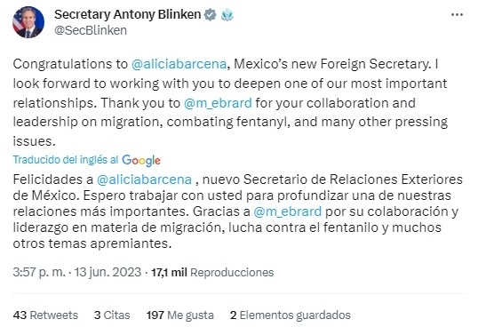 Tuit del funcionario estadunidense.
