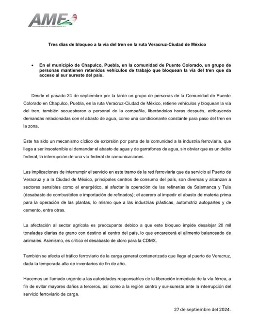 Comunicado del organismo empresarial.