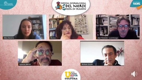 Participantes del foro "La traducción de la poesía como traición o como revelación". Imagen tomada de la transmisión a través de Facebook Live 