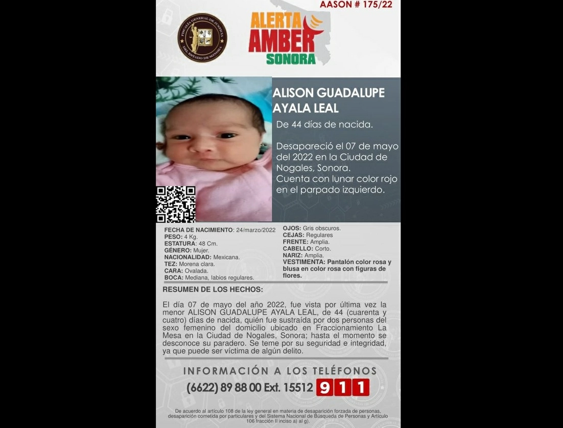 La bebé Alison Guadalupe Ayala Leal fue sustraída de su casa en la ciudad de Nogales, Sonora. Foto tomada de la cuenta de Twitter @fgjesonora 
