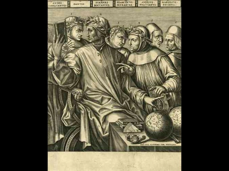 Retratos de escritores italianos (Cavalcanti, Dante, Boccaccio, Petrarcha, Poliziano y Ficino), grabado. Foto acervo del Museo Británico
