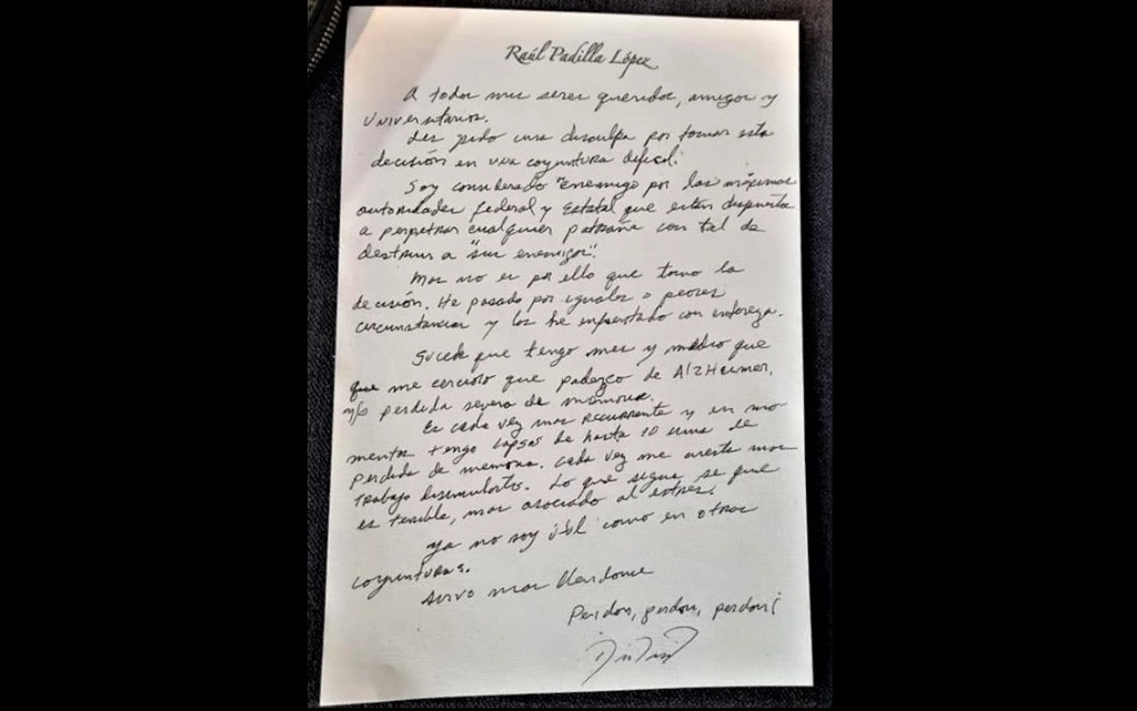 Presunta carta póstuma de Raúl Padilla López, ex rector de la UdeG y presidente de la FIL de Guadalajara. Foto Tomada de https://www.facebook.com/tallered.casadelmago/ 