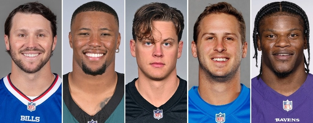 Esta combinación de fotos de archivo muestra, de izquierda a derecha, a los finalistas al premio al Jugador Más Valioso de los Premios de la NFL: Josh Allen, QB, Buffalo Bills; Saquon Barkley, RB, Philadelphia Eagles; Joe Burrow, QB, Cincinnati Bengals; Jared Goff, QB, Detroit Lions; Lamar Jackson, QB, Baltimore Ravens. Foto Ap
