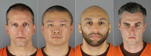 Los ex policías de Minneapolis, Minnesota, Derek Chauvin, Tou Thao, J. Alexander Kueng y Thomas Kiernan Lane. Los fiscales buscan penas muy duras contra los asesinos del afroestadunidense George Floyd. Foto Afp