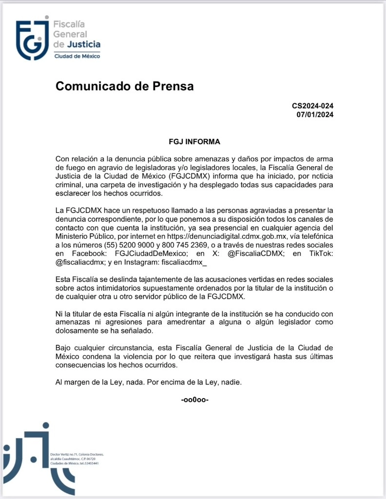 Comunicado de la fiscalía capitalina.