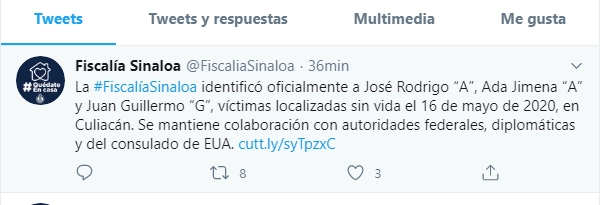 La Fiscalía confirmó la identidad de las tres personas asesinadas el pasado sábado en Culiacán. Foto @FiscaliaSinaloa