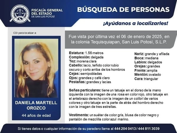 La joven Daniela Martell, conductora de taxi por aplicación se encuentra desaparecida hace un mes. Foto Ficha de Búsqueda Fiscalía SLP