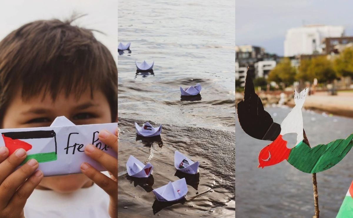 Barcos y figuras de papel en apoyo a la flotilla que zarpará de Barcelona hacia Gaza con ayuda humanitaria. Foto 