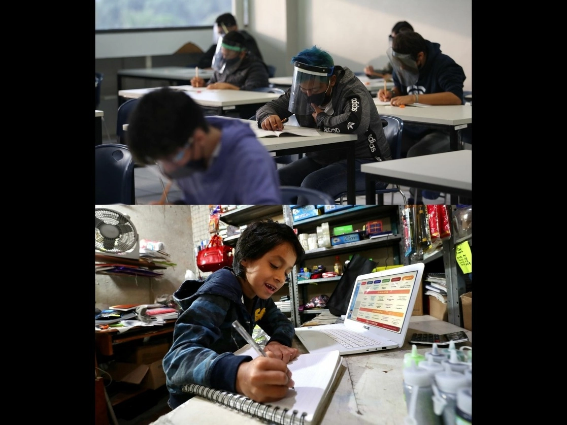 En la imagen superior, jóvenes realizan el examen de admisión de manera presencial para ingresar al Instituto Politécnico Nacional, el pasado 29 de agosto de 2020; abajo, un niño toma clases en línea durante el primer día del nuevo ciclo escolar, el 24 de agosto de 2020. Fotos Yazmín Ortega Cortés y Luis Castillo / Archivo