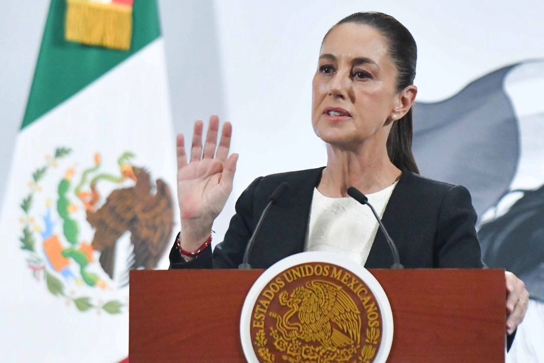 La presidenta Claudia Sheinbaum, durante su conferencia de este jueves 8 de mayo, desde Palacio Nacional 
