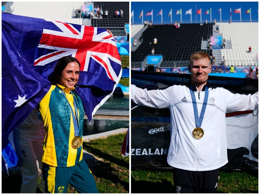 La australiana Noemie Fox celebra el oro en la final femenina de kayak cross/ Finn Butcher de Nueva Zelanda celebra el oro en la final masculina de kayak cross durante el eslalon de canoa en los Juegos Olímpicos de Verano de 2024, el lunes 5 de agosto de 2024, en Vaires-sur-Marne, Francia. Fotos Ap
