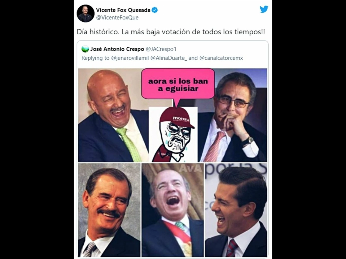 Solo los ex presidentes panistas, Vicente Fox Quesada y Felipe Calderón, emitieron mensajes en los que se congratularon de la baja participación en la consulta popular de ayer. Imagen tomada del Twitter de @VicenteFoxQue
