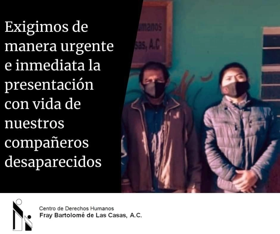 El Centro de Derechos Humanos Fray Bartolomé de Las Casas reportó que dos de sus integrantes fueron “secuestrados mientras se trasladaban rumbo a la ciudad de Palenque”. Foto Twitter @CdhFrayba