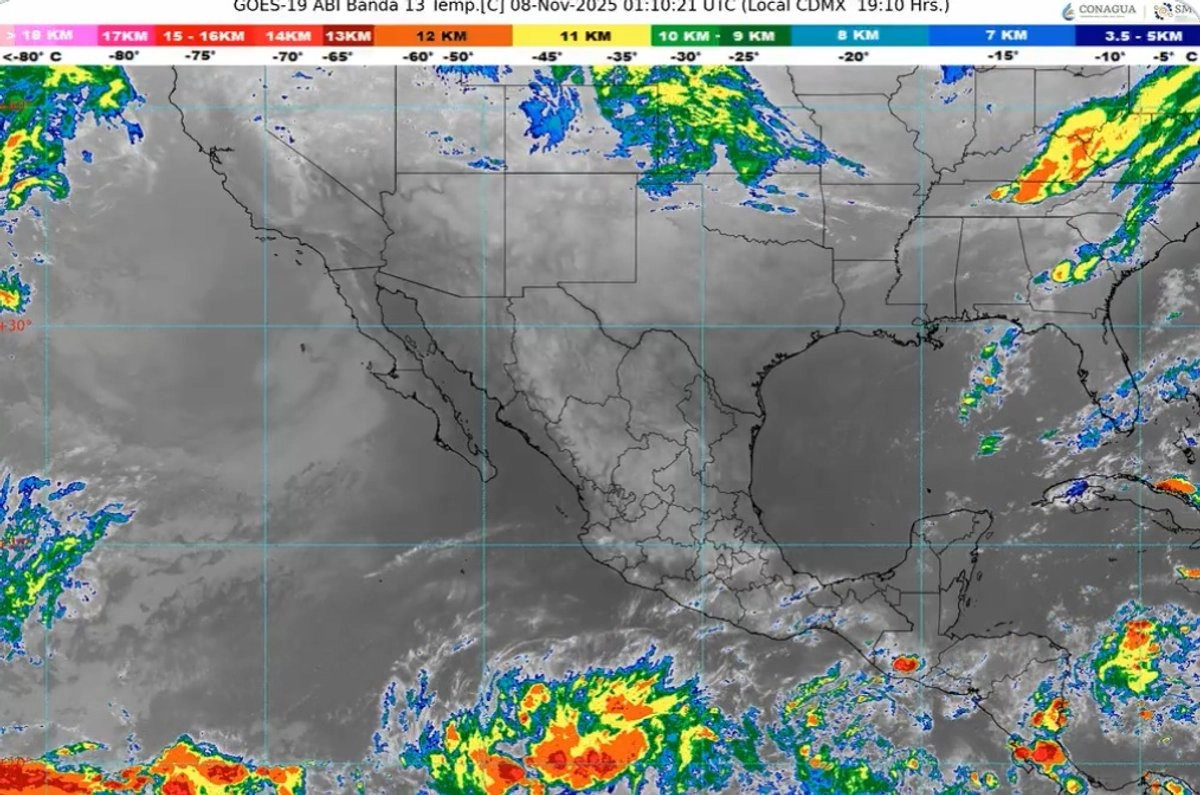 El frente frío 13 provocará luvias muy fuertes a torrenciales en regiones del norte, oriente, sureste y la Península de Yucatán. Imagen 