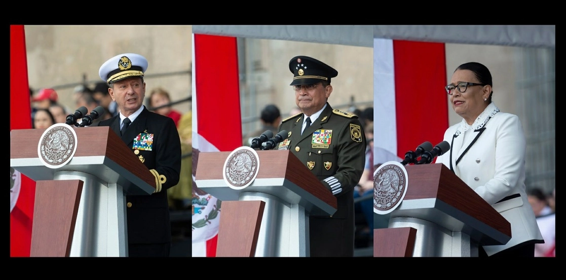 Los titulares de la Semar, José Rafael Ojeda Durán; la Sedena, Luis Cresencio Sandoval, y la SSPC, Rosa Icela Rodríguez. Foto ‘La Jornada’