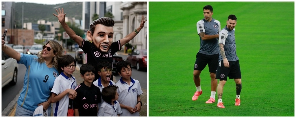 Mientras niños y adultos regiomontanos se ilusionaban con la presencia del campeón del mundo, él (derecha) disfrutaba del entrenamiento con su gran amigo y compañero de equipo Luis Suárez, ya en territorio mexicano. Foto Ap y cortesía Luis Mendoza 