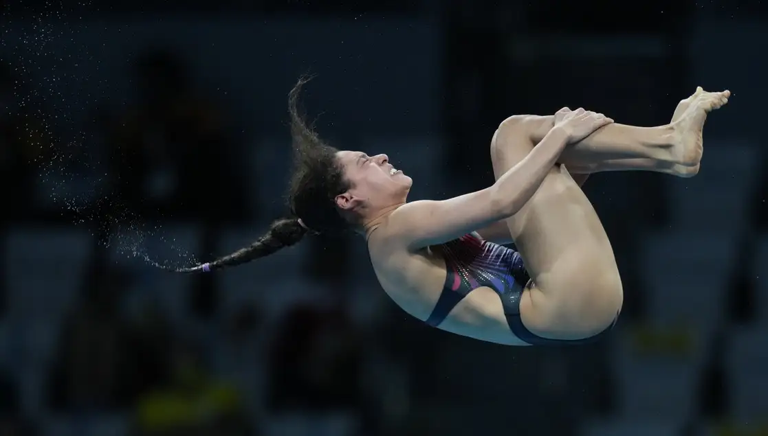 La clavadista mexicana Gabriela Agúndez se quedó a un paso del podio al terminar en el cuarto lugar en la prueba individual de plataforma de 10 metros en los Juegos Olímpicos de Tokio 2020, el 5 de agosto de 2021. Foto Ap