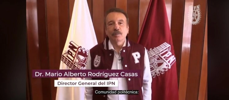 El director del IPN, Mario Alberto Rodríguez Casas, ofreció un mensaje a la comunidad de esa casa de estudios, a través de redes sociales, con motivo del Día del Politécnico. Imagen del video publicado en www.facebook.com/ipn.mx