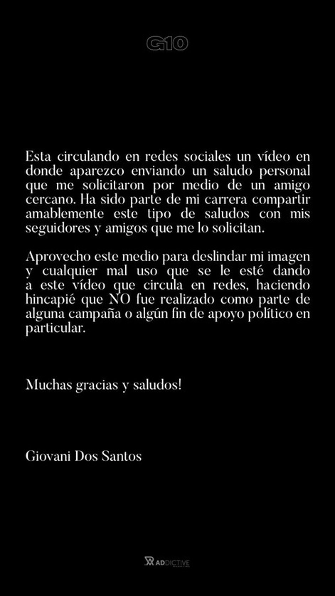 Comunicado que Giovanni Dos Santos difundió en sus redes sociales.