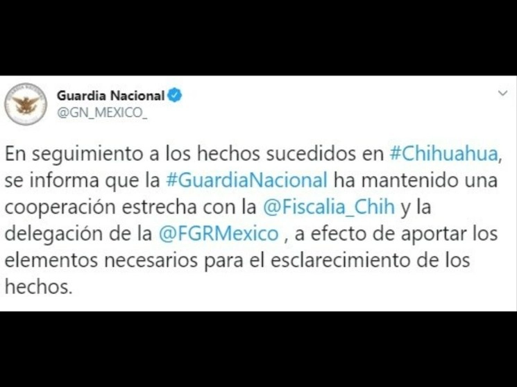 La vocería de la Guardia Nacional informó hoy que “colabora de manera estrecha” con la FGR y la oficina General de Justicia de Chihuahua, para esclarecer lo sucedido en un presunto enfrentamiento entre personal de esta corporación y un grupo de civiles ocurrido la noche del martes en el municipio de Delicias. Imagen tomada de Twitter de @GN_MEXICO_