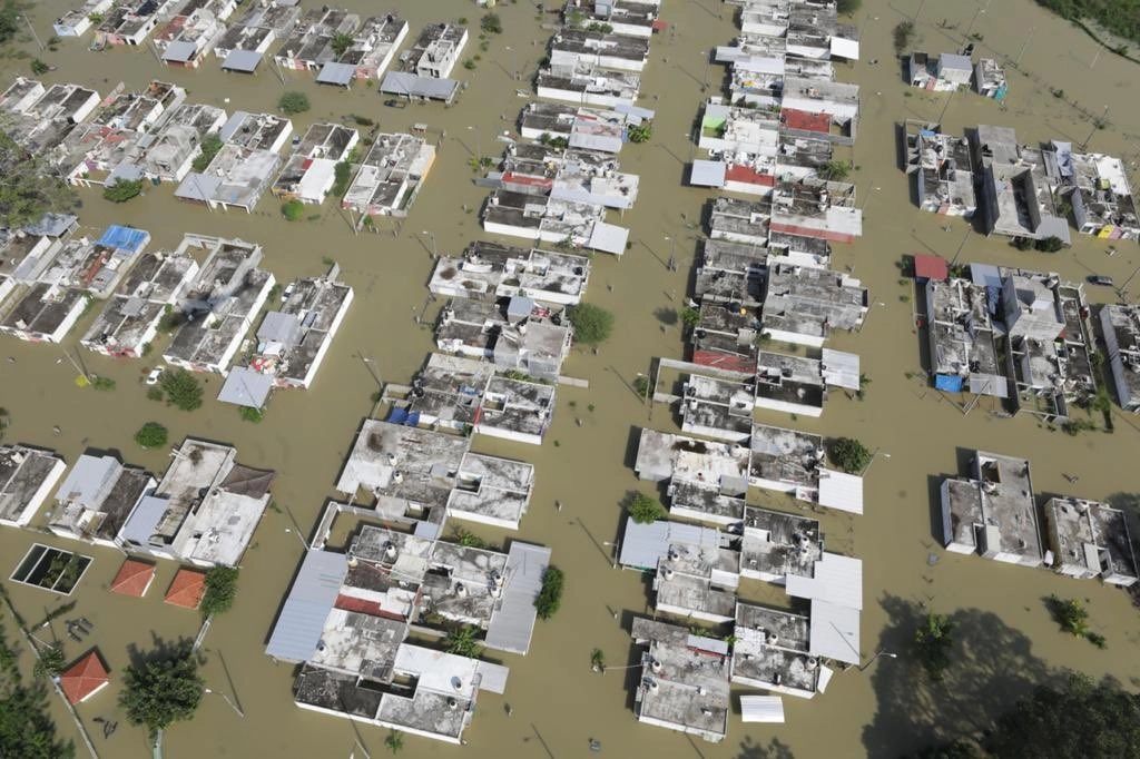Vista aérea del municipio de Macuspana, Tabasco, tras las fuertes lluvias registras en días pasados. Foto tomada del Twitter de @adan_augusto