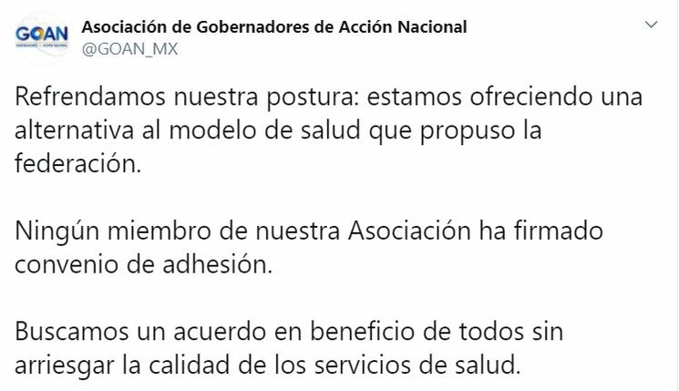 Postura emitida por la Asociación de Gobernadores de Acción Nacional en su cuenta de Twitter @GOAN_MX