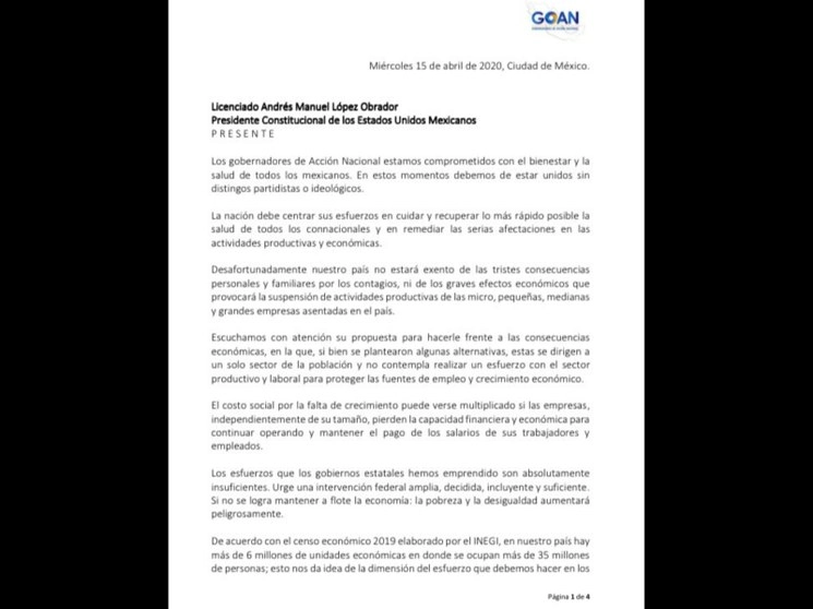 Imagen del comunicado emitido este miércoles 15 de abril por los gobernadores que militan en el PAN, tomada de @GOAN_MX