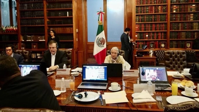 Los secretarios de Gobernación y Relaciones Exteriores realizaron una videollamada con nueve gobernadores del país. Foto @M_OlgaSCordero