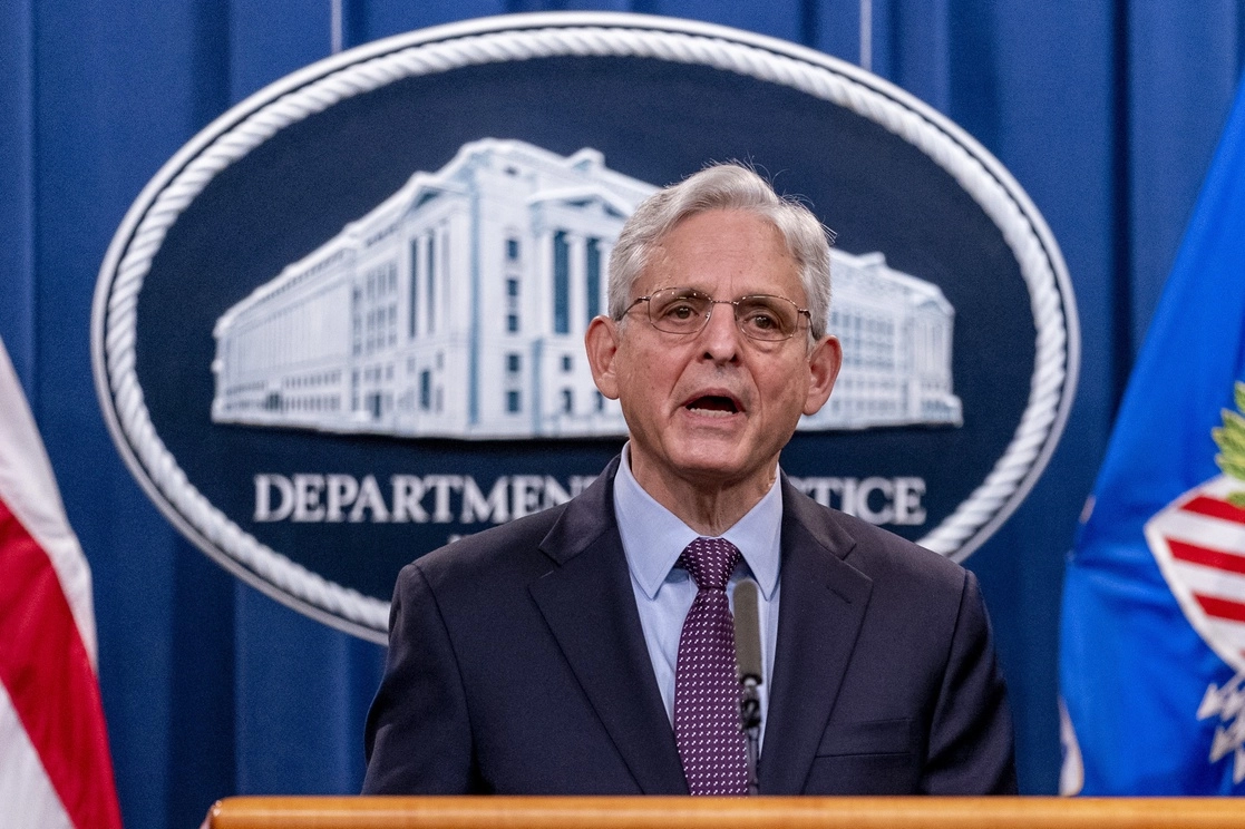 El abogado general Merrick Garland, durante una conferencia en el Departamento de Estado de EU, que hoy demandó a Texas por su nuevo mapa electoral. Foto Ap / Archivo 
