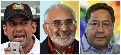 Los candidatos Luis Fernando Camacho, líder de la alianza Creemos; Carlos Mesa, de Comunidad Ciudadana, y Luis Arce, de Movimiento al Socialismo, este último líder en las preferencias.Foto Afp