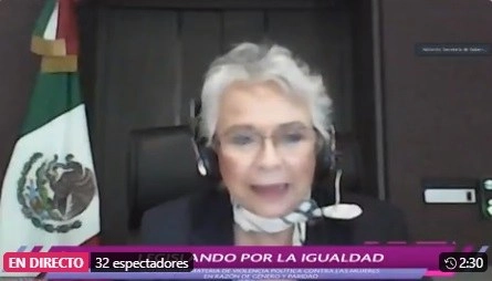 La secretaria Olga Sánchez Cordero, durante su participación en el foro virtual "Legislando por la igualdad", organizado por la Cámara de Diputados. Imagen tomada de @Mx_Diputados