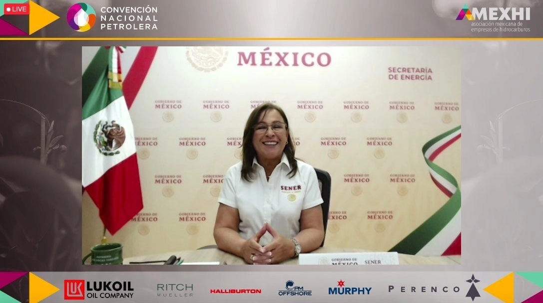 Rocío Nahle, al participar en la inauguración de la Convención Nacional Petrolera 2021, organizada por la Asociación Mexicana de Empresas de Hidrocarburos, el 27 de abril de 2021. Imagen tomada del Twitter de @AMEXHI_Oficial