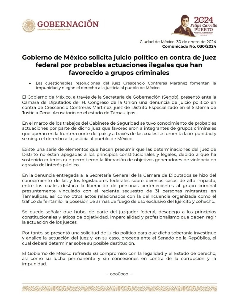 Boletín informativo de Segob sobre la solicitud de juicio político contra el juez