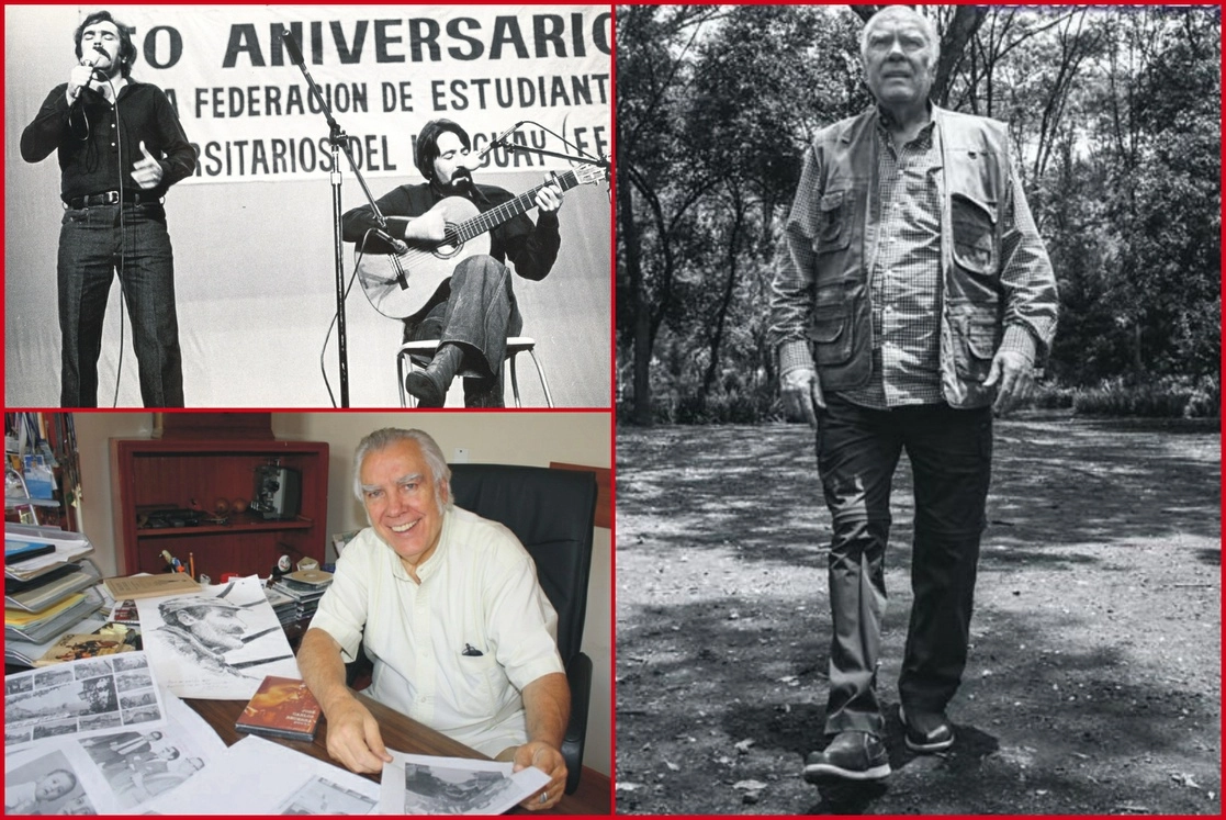 En la primera imagen, el productor con Manuel Capella, en 1979; en la segunda, en Ediciones Pentagrama, y en la tercera, en la portada del libro. Foto Julio Rochón y Cristian Leyva 