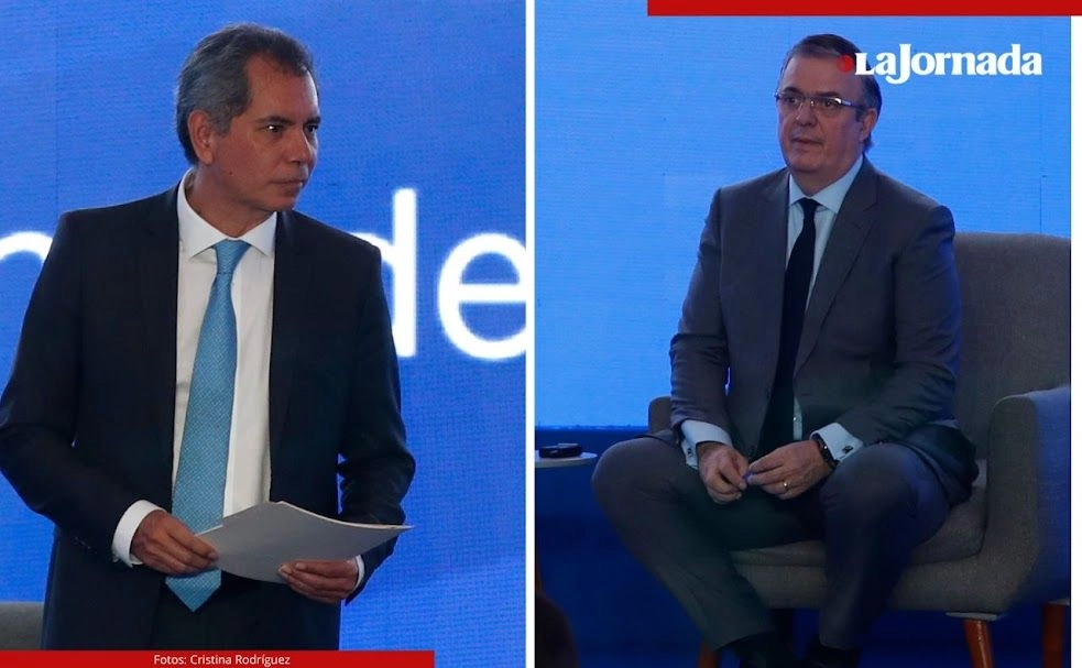  El titular de Hacienda, Edgar Amador Zamora, advirtió que cobrar impuestos a los envíos de dinero que hacen migrantes sin documentos en Estados Unidos es una doble tributación y afectará el mercado interno de ese país. En tanto, el secretario de Economía, Marcelo Ebrard, indicó que habrá una diplomacia parlamentaria intensa con el fin de proteger los ingresos de los connacionales. Ambos al participar en la reunión de Consejeros Regionales de BBVA. Fotos