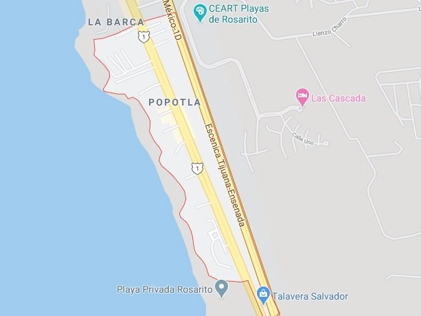 La policía halló los cadáveres en el poblado costero de Popotla, municipio de Playas Rosarito. Captura de imagen de Google Maps