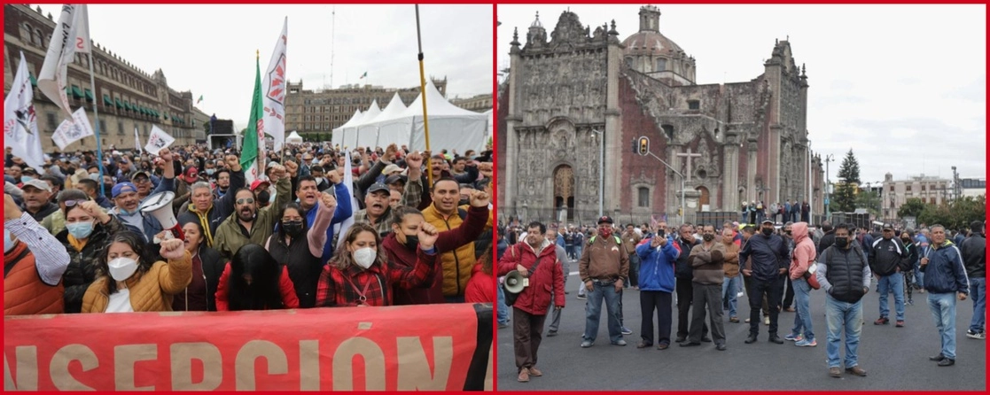 Dos grupos antagónicos del SME se encuentran, con unos metros de distancia, en el Zócalo de la Ciudad de la Ciudad de México, el 11 de octubre de 2022. Foto Pablo Ramos
