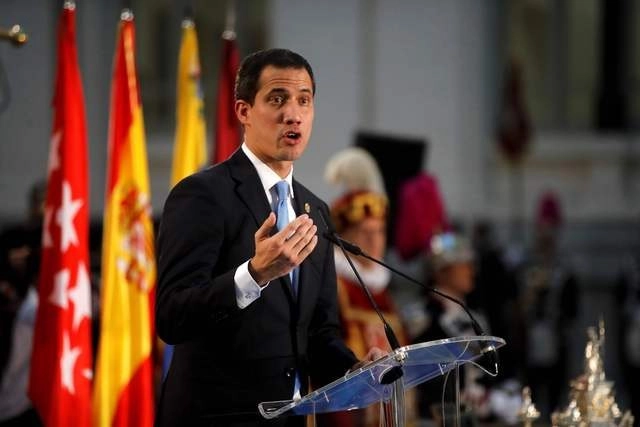 El líder opositor venezolano, Juan Guidó, durante un mensaje en Madrid. Foto Afp