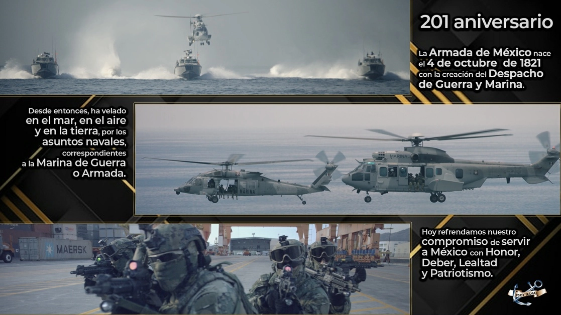 La Semar difundió esta imagen con motivo del 201 aniversario de la Armada de México. Imagen tomada del Twitter de @SEMAR_mx
